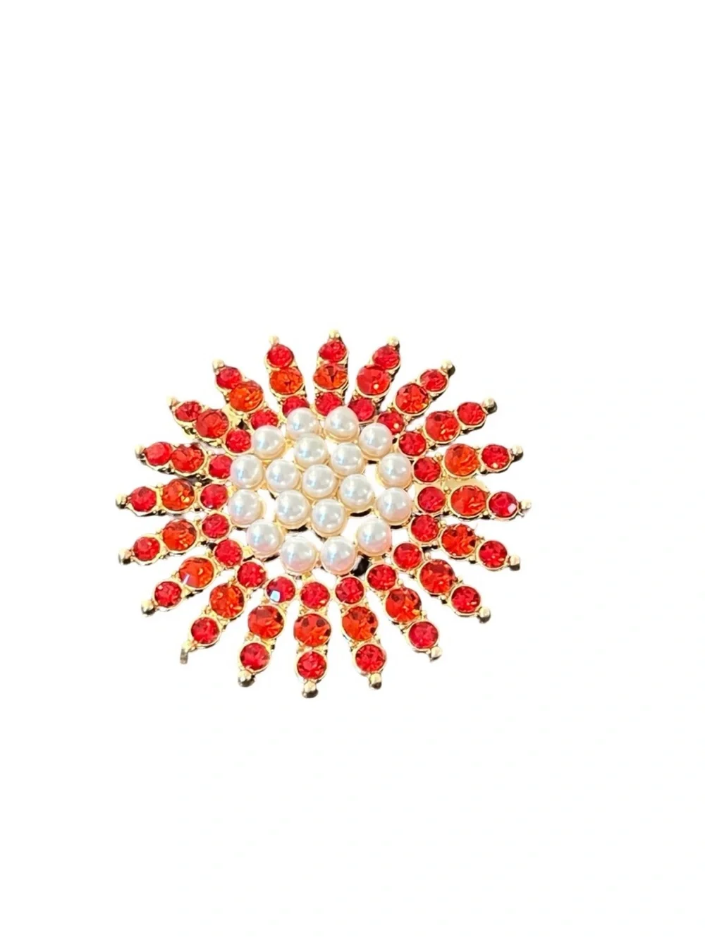 Gold-Tone Red Crystal & Pearl Sunburst Brooch FINAL PRICE DROP
